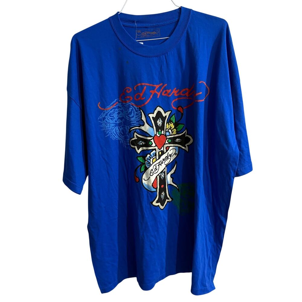 Ed Hardy Y2K Tattoo Heart Cross Graphic Short Sleeve Tee Men’s 4XL Blue